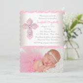 Ivory Pink Lace Diamond Cross Foto Taufe Einladung (Stehend Vorderseite)
