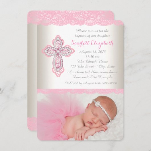 Ivory Pink Lace Diamond Cross Foto Taufe Einladung (Vorne/Hinten)