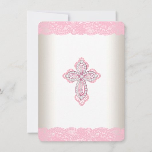 Ivory Pink Lace Diamond Cross Foto Taufe Einladung (Rückseite)