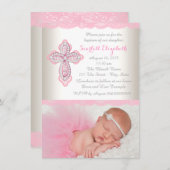 Ivory Pink Lace Diamond Cross Foto Taufe Einladung (Vorne/Hinten)