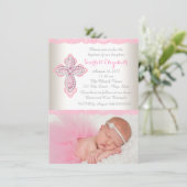 Ivory Pink Lace Diamond Cross Foto Taufe Einladung (Stehend Vorderseite)