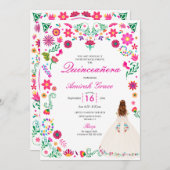 Ivory Pink Otomi Stickerei Quinceañera Einladung (Vorne/Hinten)