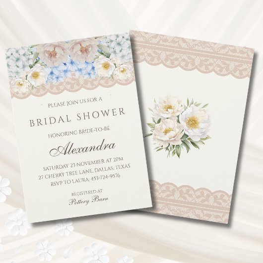 Ivory Pink Peony Blue Hydrangea Bridal Shower Einladung