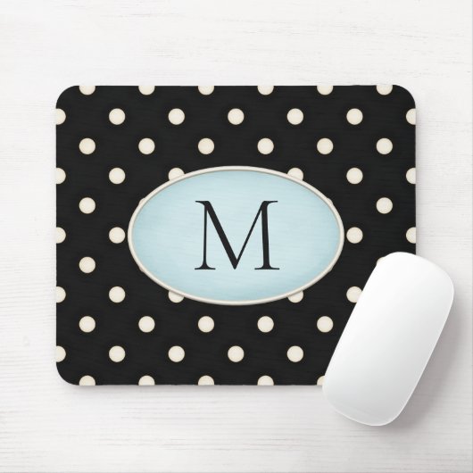 Ivory Polka Dots Black & Bale Blue Mit Monogramm Mousepad (Mit Mouse)
