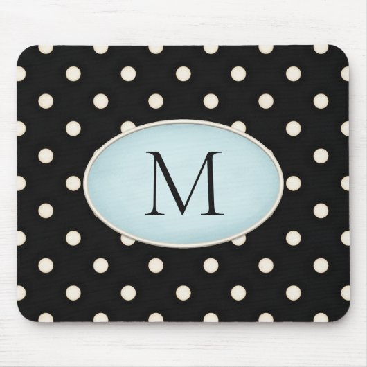 Ivory Polka Dots Black & Bale Blue Mit Monogramm Mousepad (Vorne)