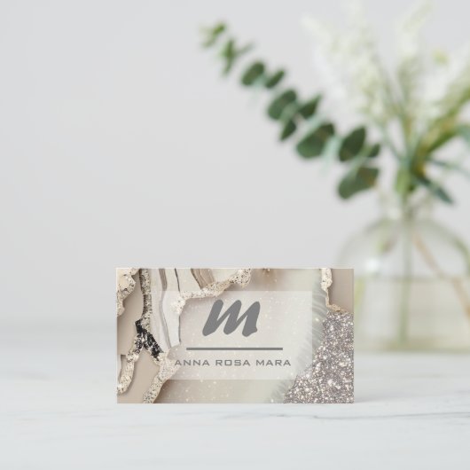 *~* Ivory QR Agate Glam Luxe Glitzer Initial AP66 Visitenkarte (Stehend Vorderseite)