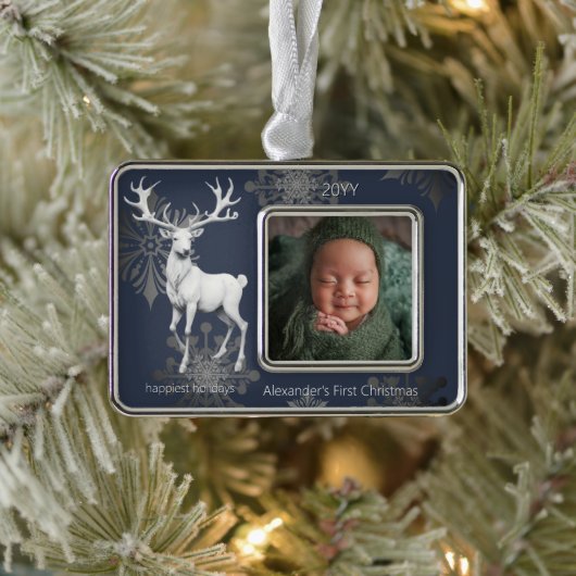Ivory Reindeer Babys Erste Weihnachten | Blau Rahmen-Ornament Silber (Baum)