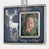 Ivory Reindeer Babys Erste Weihnachten | Blau Rahmen-Ornament Silber (Links)