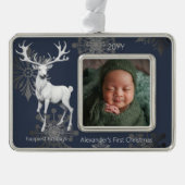 Ivory Reindeer Babys Erste Weihnachten | Blau Rahmen-Ornament Silber (Vorderseite)