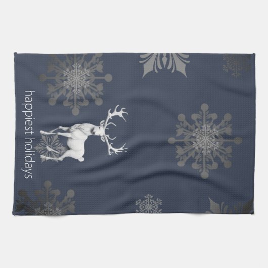 Ivory Reindeer Weihnachten | Blau Geschirrtuch (Horizontal)