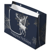 Ivory Reindeer Weihnachten | Blau Große Geschenktüte (Vorderseite Schrägansicht)