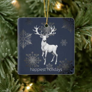 Ivory Reindeer Weihnachten Blaues Foto Keramikornament