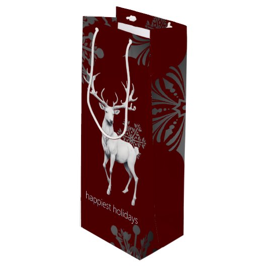 Ivory Reindeer Weihnachten | Rot Geschenktüte Für Weinflaschen (Vorderseite Schrägansicht)