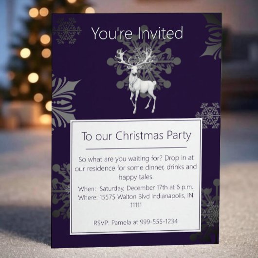 Ivory Reindeer Weihnachtsfest Party | Lila Einladung