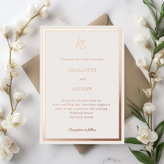Ivory rose gold modern monogram luxury wedding folieneinladung