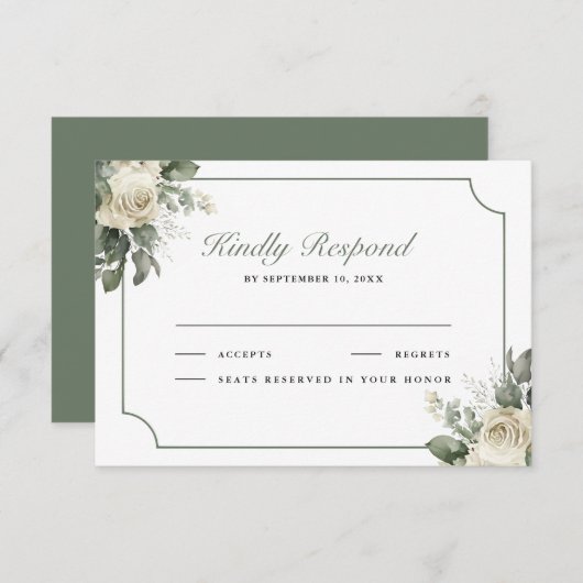 Ivory Rose Sage Green Floral Wedding RSVP Karte (Vorne/Hinten)