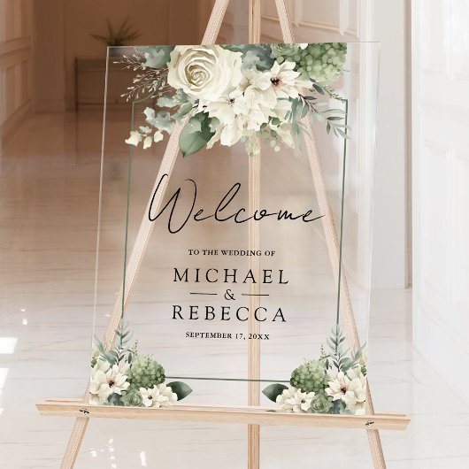 Ivory Rose Sage Green Floral Wedding Welcome Acrylschild