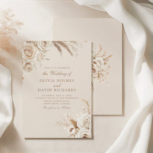 Ivory Roses & Dried Flowers Wedding Invitation Einladung