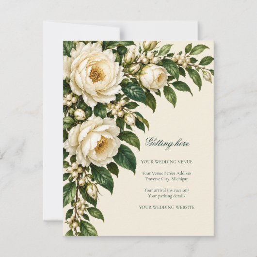 Ivory Roses & Emerald Getting Here RSVP Karte (Vorderseite)