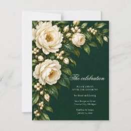 Ivory Roses & Emerald Wedding Reception RSVP Karte