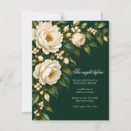 Ivory Roses & Emerald Wedding Rehearsal Dinner RSVP Karte
