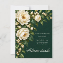Ivory Roses & Emerald Welcome Drinks RSVP Karte