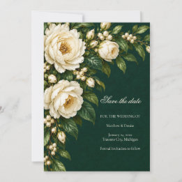 Ivory Roses & Emerald Winter Save the Date Einladung