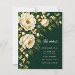 Ivory Roses & Emerald Winter Wedding Details RSVP Karte