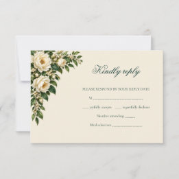 Ivory Roses & Emerald Winter Wedding RSVP Karte
