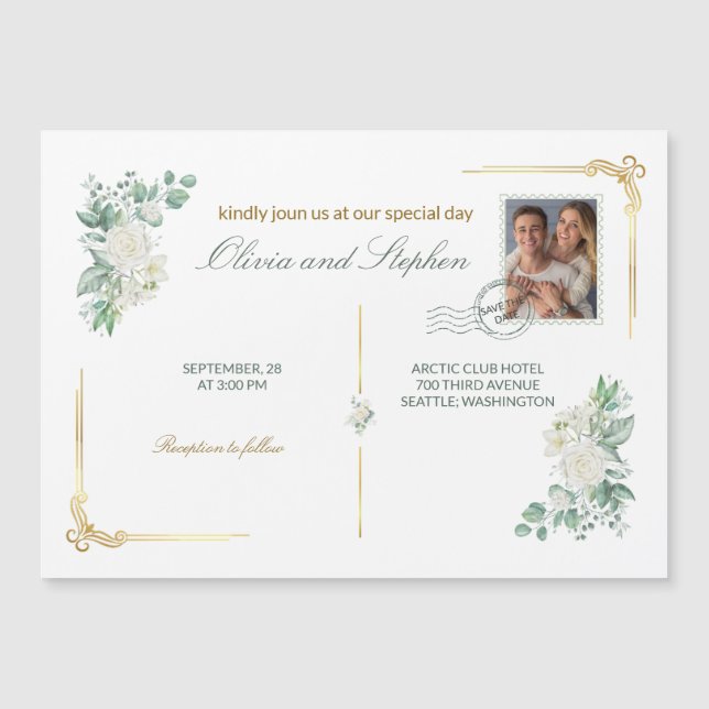 Ivory Roses floral Save the Date Magnet card (Vorderseite)