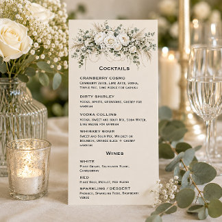 Ivory Roses Pearls Wedding Cocktail and Wine List Menükarte