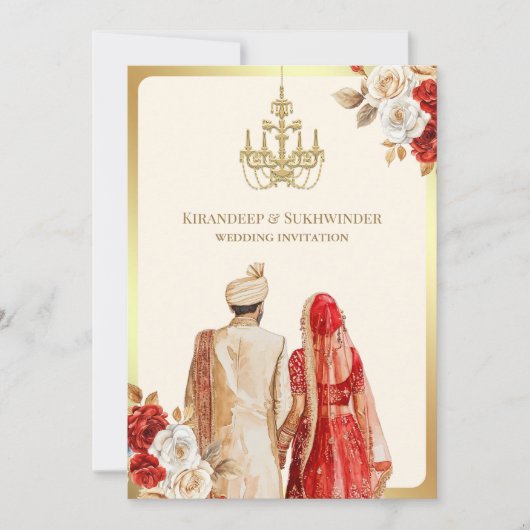 Ivory Rote Rosen Floral Anand Karaj Sikh Wedding Einladung (Vorderseite)