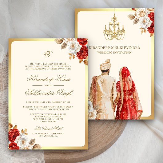 Ivory Rote Rosen Floral Anand Karaj Sikh Wedding Einladung