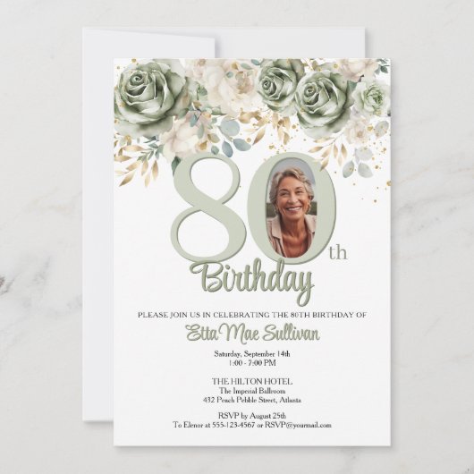 Ivory Sage green Floral border 80th birthday Photo Einladung (Vorderseite)