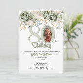 Ivory Sage green Floral border 80th birthday Photo Einladung (Stehend Vorderseite)