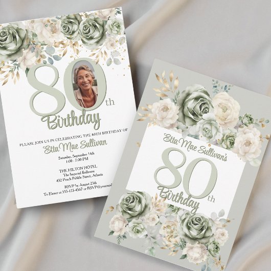 Ivory Sage green Floral border 80th birthday Photo Einladung