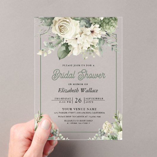 Ivory Sage Green Floral Bridal Shower Acryleinladungen (Insitu (Handheld))