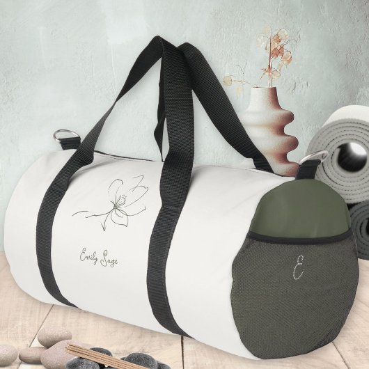 Ivory Sage Green Floral Line Art Minimalist Zen Duffle Bag