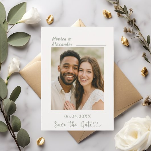 Ivory sage green photo wedding Save the Date
