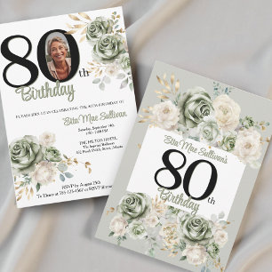Ivory Sage green Rose Floral 80. Geburtstag Foto Einladung