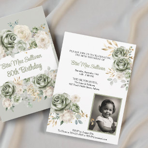 Ivory Sage green Rose Floral 80. Geburtstag Foto Einladung