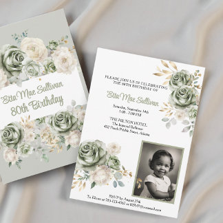 Ivory Sage green Rose Floral 80. Geburtstag Foto Einladung