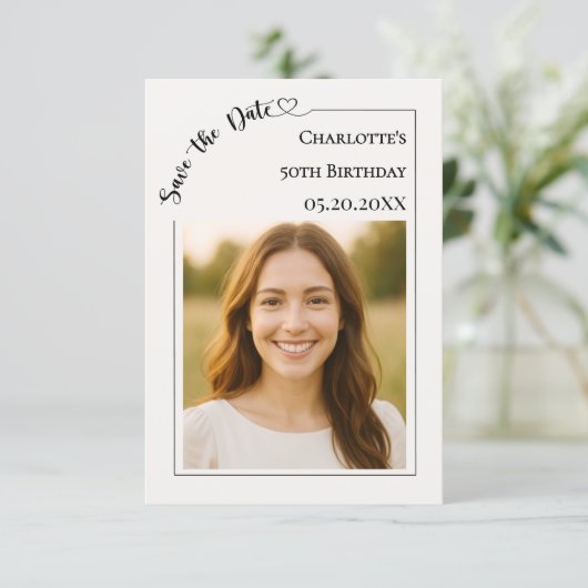 Ivory simple modern photo Birthday Save the Date (Stehend Vorderseite)