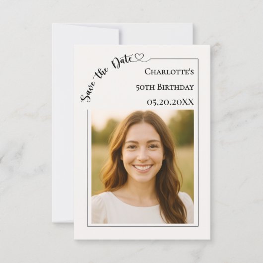 Ivory simple modern photo Birthday Save the Date (Vorderseite)