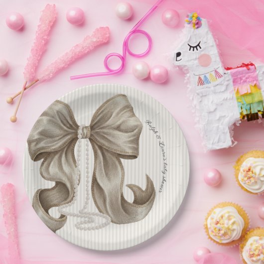 Ivory Striped Bow Baby Shower  Pappteller (Party)