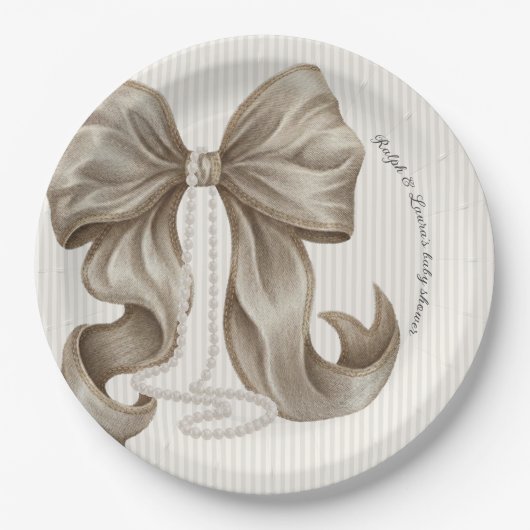 Ivory Striped Bow Baby Shower  Pappteller (Vorderseite)