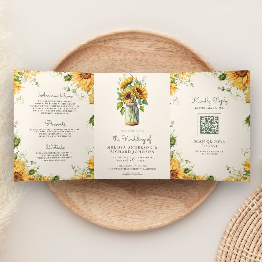 Ivory Sunflowers Mason Jar QR Code Wedding Dreifach Gefaltete Einladung