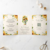 Ivory Sunflowers Mason Jar QR Code Wedding Dreifach Gefaltete Einladung (Innenseite)