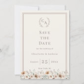 Ivory taupe monogram floral wreath wedding save the date (Vorderseite)