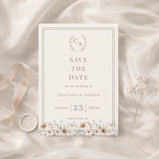 Ivory taupe monogram floral wreath wedding save the date